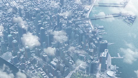 aerial view of a modern city with skyscrapers and bridges partially covered by clouds