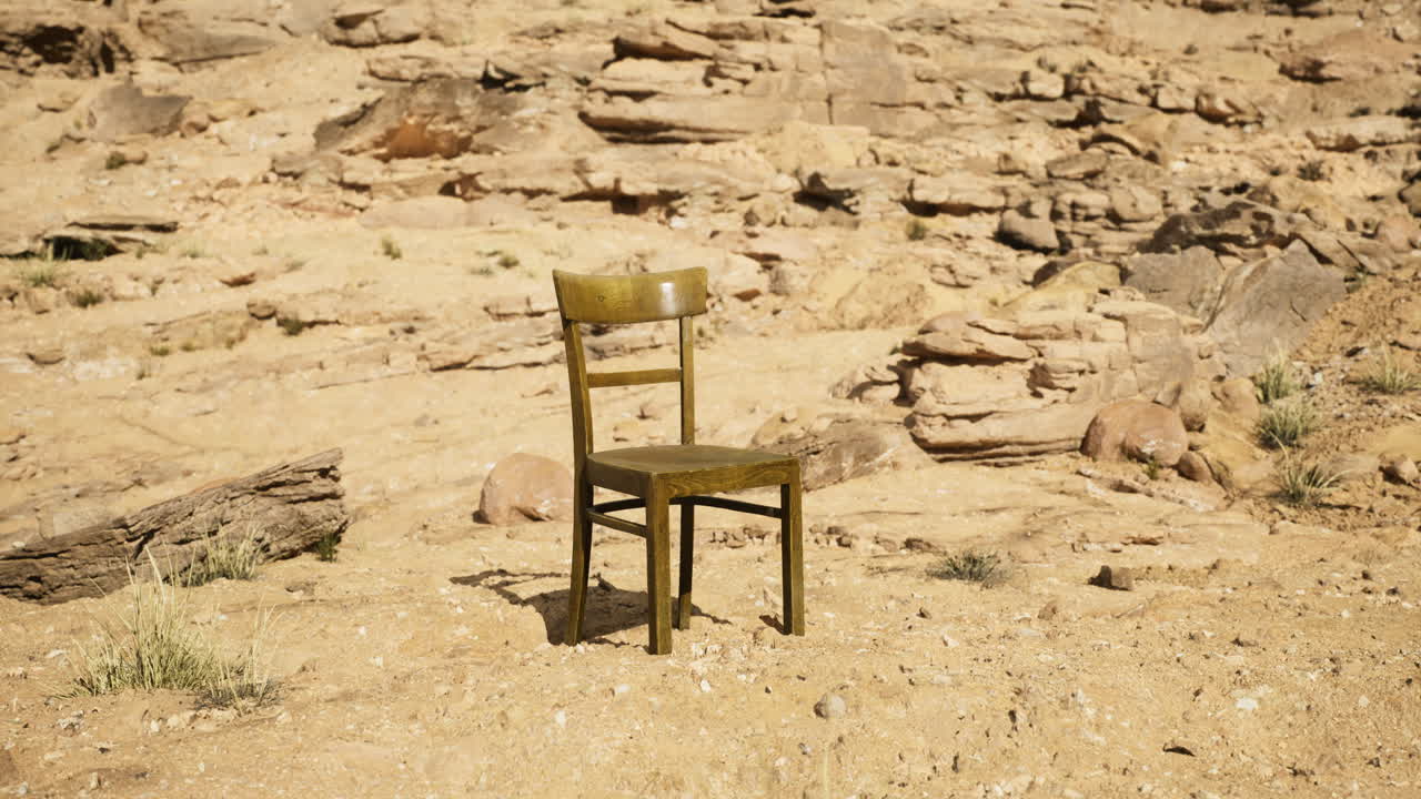 Lonely chair positioned in a desolate desert landscape under bright sunlight
