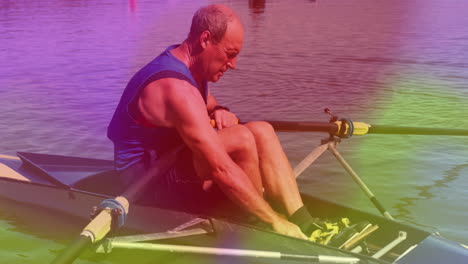 senior male rower powering through calm water, showing animated fitness metrics and heart icon