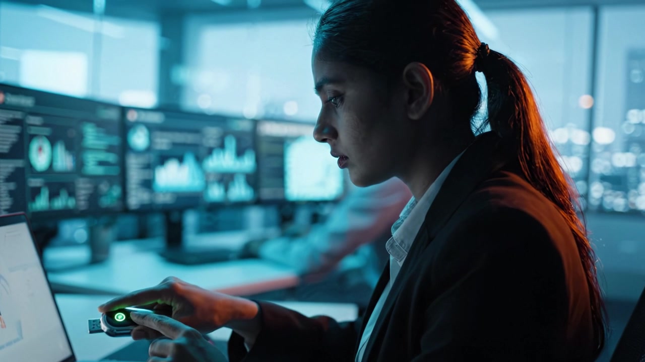 Focused Professional Analyzing Data and Trends on Digital Displays in a Modern Corporate Environment During Evening Hours with a Serious Expression