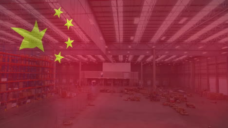 animation of flag of china over large goods storage warehouse