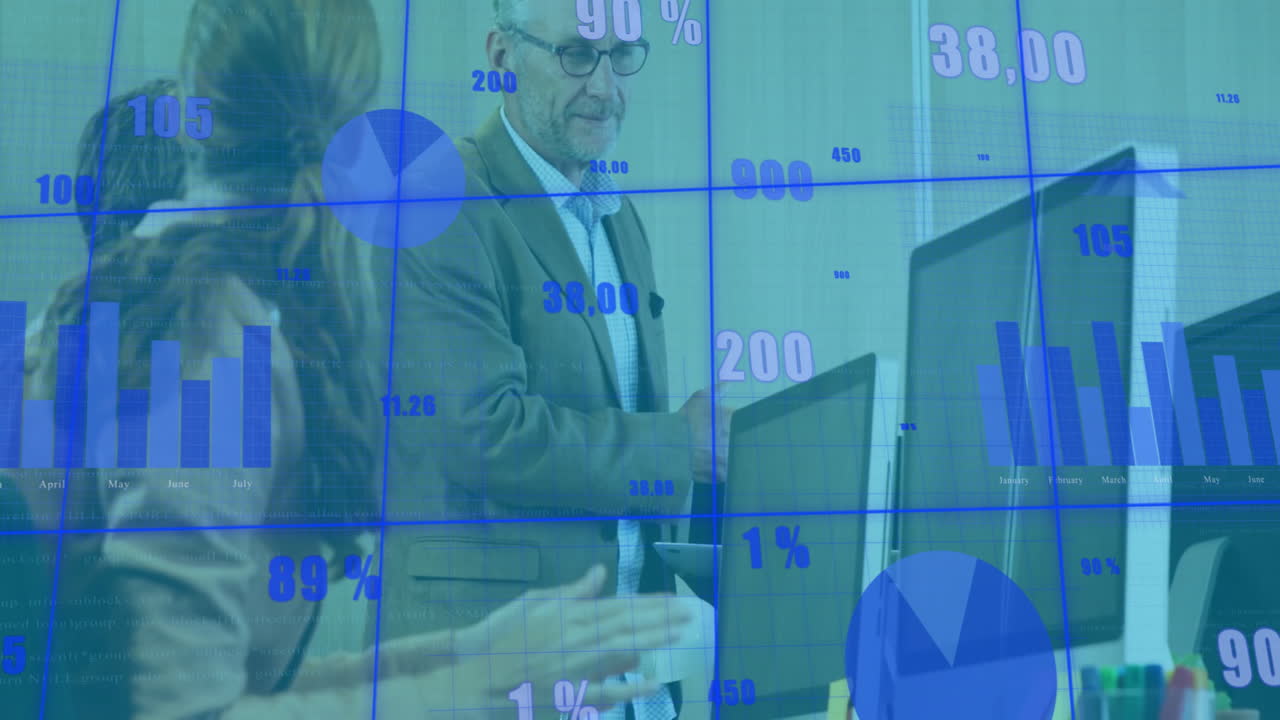 In office, business professionals discussing data analysis with blue animation graphics