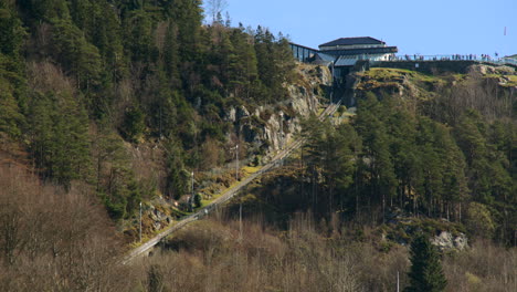 looking up to the floibanen funicular railway upper station
