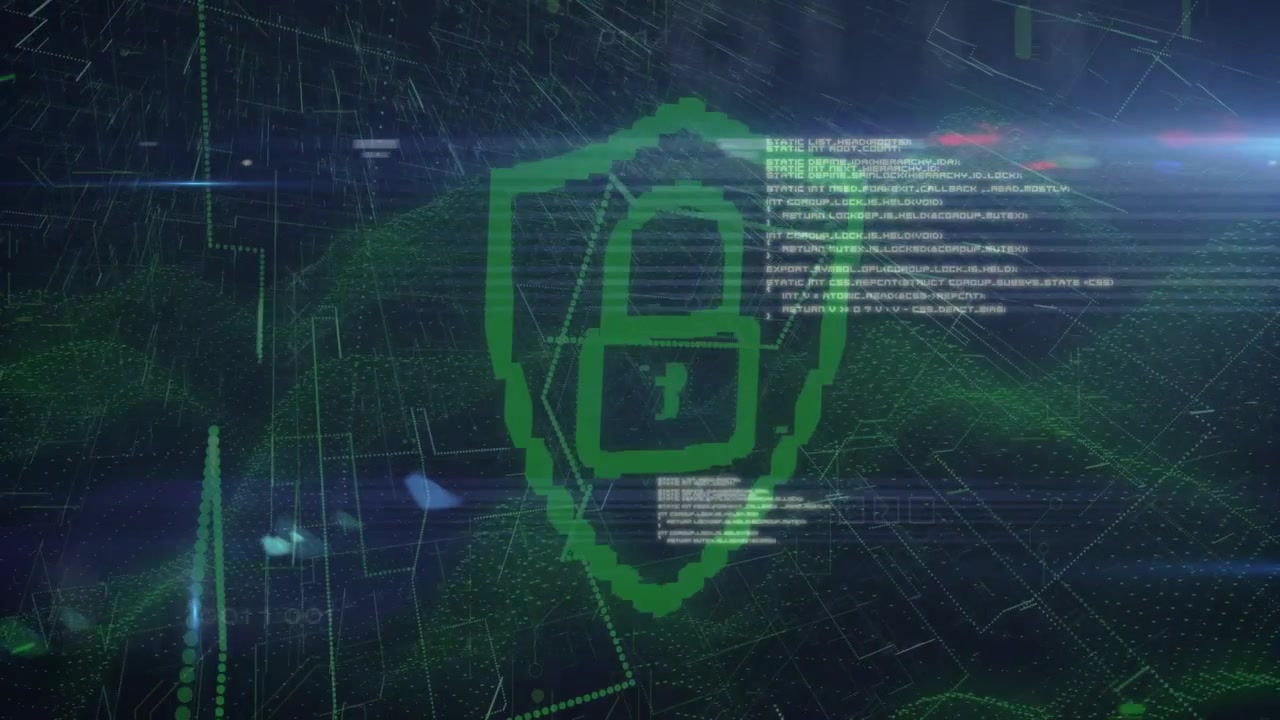 Data pulse starting green pixel shield forming padlock while code blocks sliding, showing security