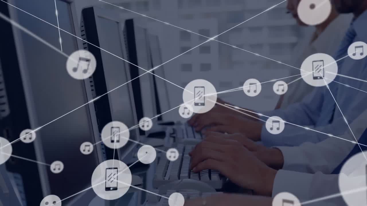 animación de la red de conexión con iconos sobre personas de negocios que usan auriculares de teléfono