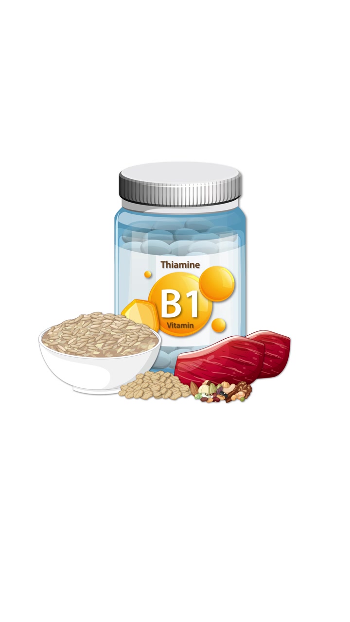 Vitamin B1 bottle appears with rice, grains, and meat, smooth transitions, clean white background