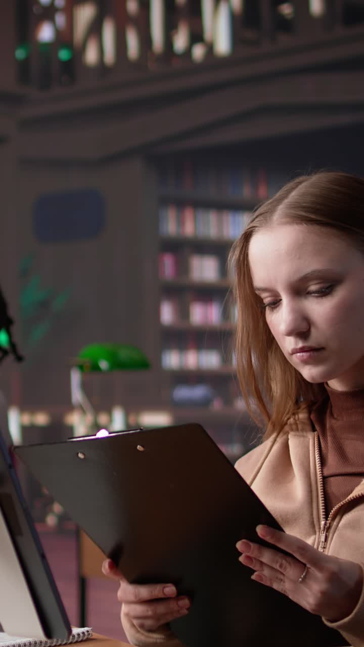 Vertical video student makes exam preparations at the university library with classmates