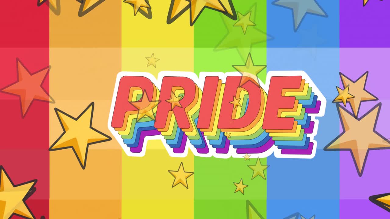 animación de estrellas y texto de orgullo sobre cuadrados coloridos