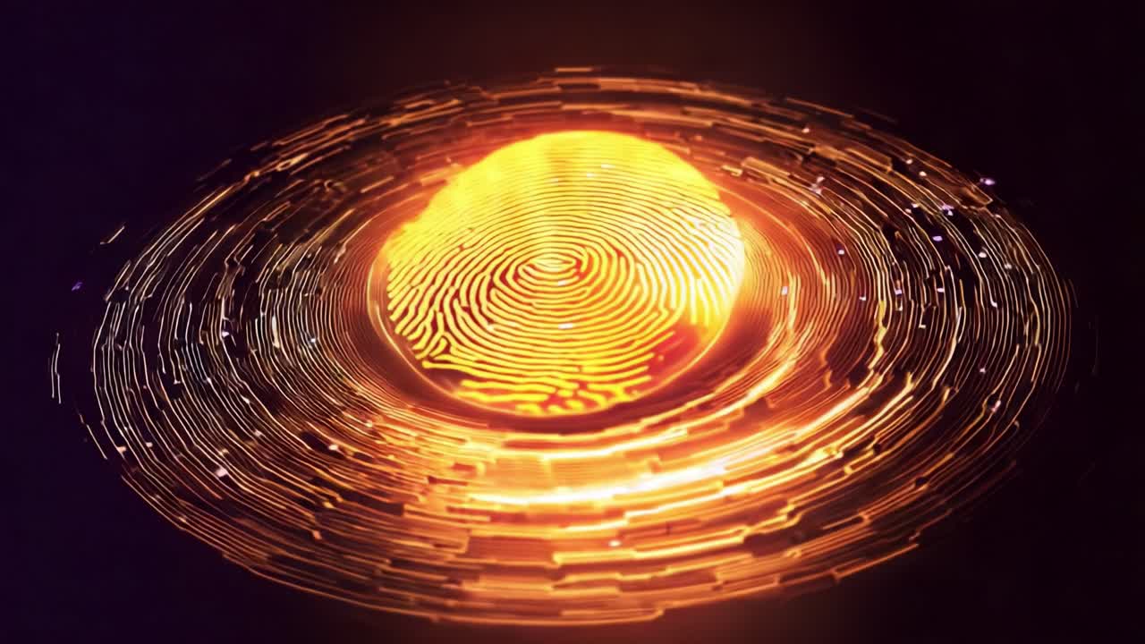 Digital glowing fingerprint scanning for personal identity verification and secure access, representing advanced biometrics technology and cybersecurity on a dark abstract background