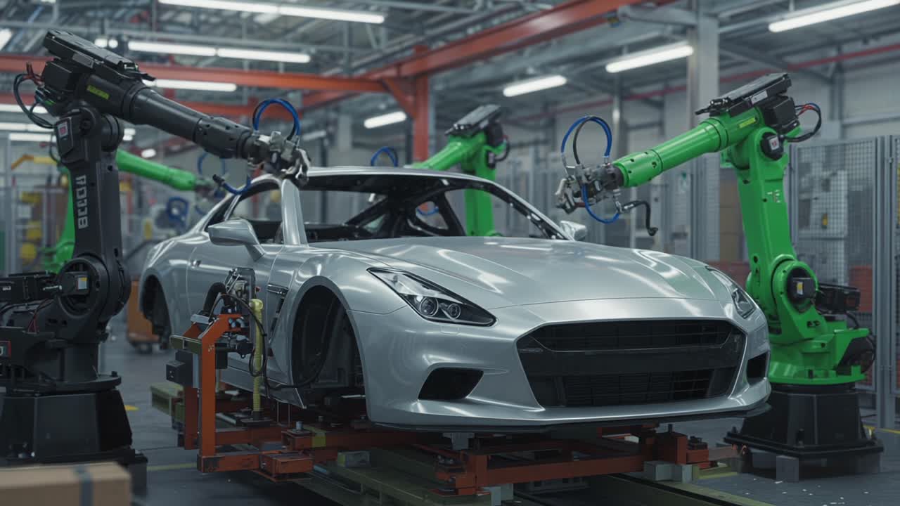 Advanced Robotics in Automotive Manufacturing: A Cutting-Edge Assembly Line Showcasing Precision Engineering with Robotic Arms Working on a Sleek Silver Sports Car