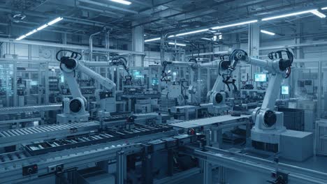 a high-tech automated manufacturing facility featuring advanced robotics and streamlined assembly lines for enhanced production efficiency
