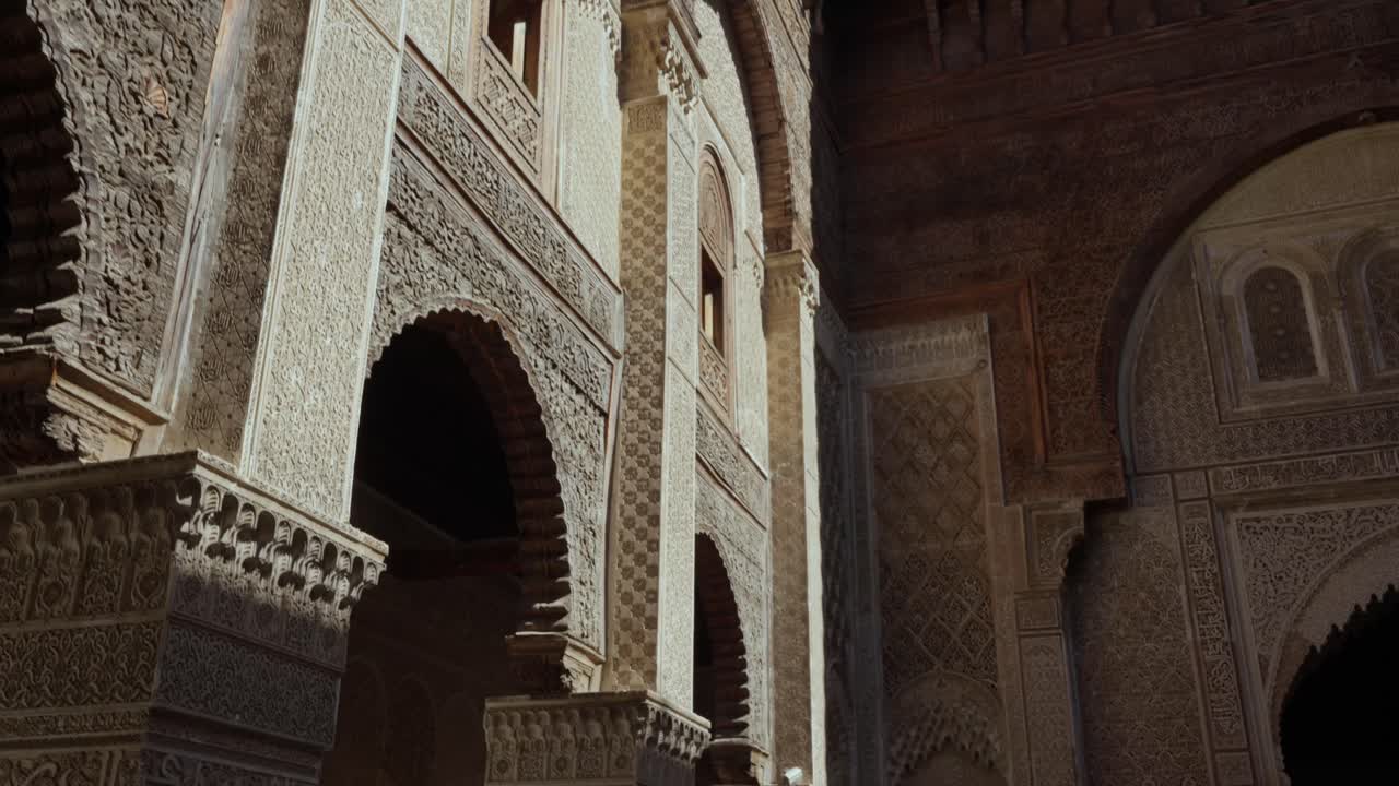 Close top shot of Morocco colorful architecture arch with sun shade in city Fez