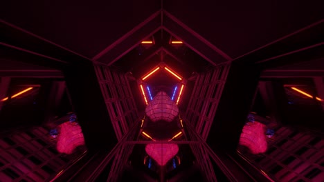 Vj-Loop---3D-Rotes-Herz,-Das-Entlang-Eines-Hochtechnologischen,-Reflektierenden-Fünfeckigen-Tunnels-Rollt