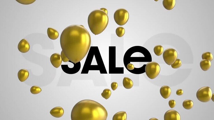 Animazione di palloncini dorati che fluttuano sopra un banner con il testo 'saldi' su sfondo grigio.