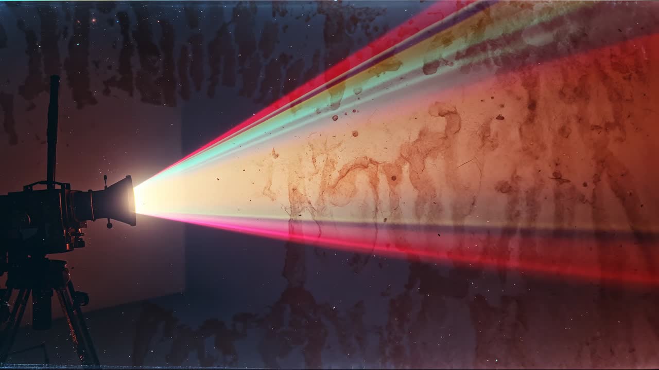Switching on vintage projector projecting three color beams on stained wall in studio, copy space