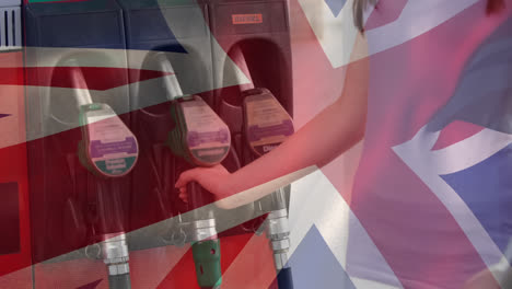 animation of waving uk flag over man at the gas station