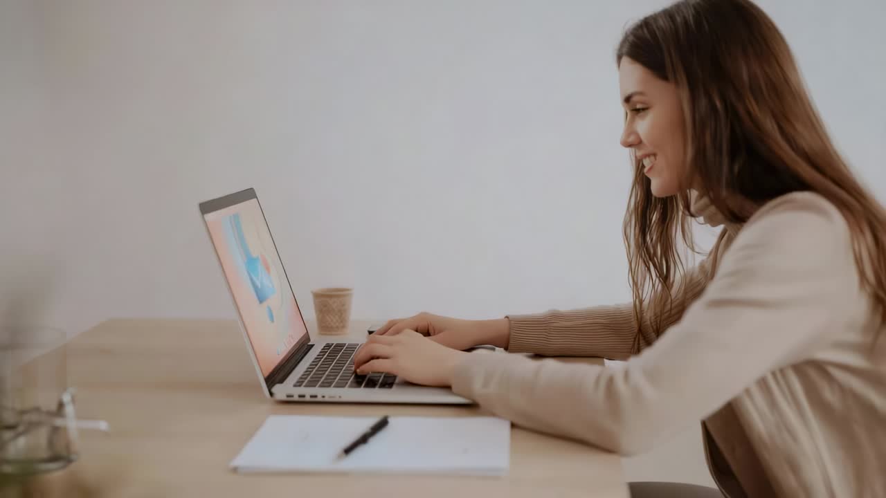 Powering on laptop, woman in cardigan typing, jotting in notebook, scrolling trackpad in office