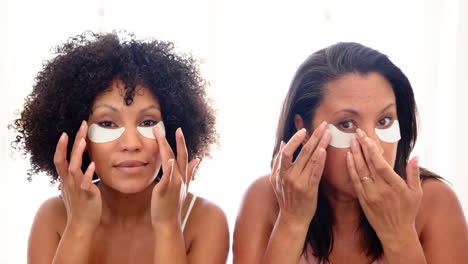 applying under-eye patches, mother and adult daughter enjoying skincare routine together, smiling
