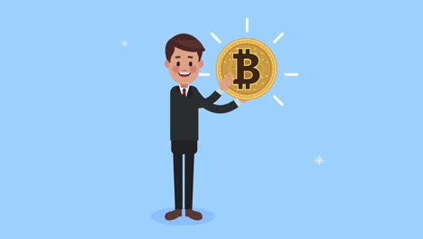 hombre de negocios levantando bitcoin criptomoneda animación