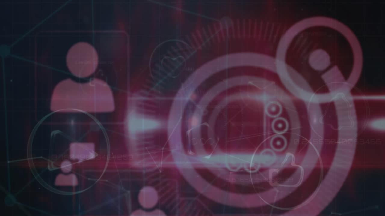 animación de iconos digitales y procesamiento de datos contra fondo negro