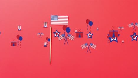 animation of 4th of july independence day text over balloons and flags of united states of america