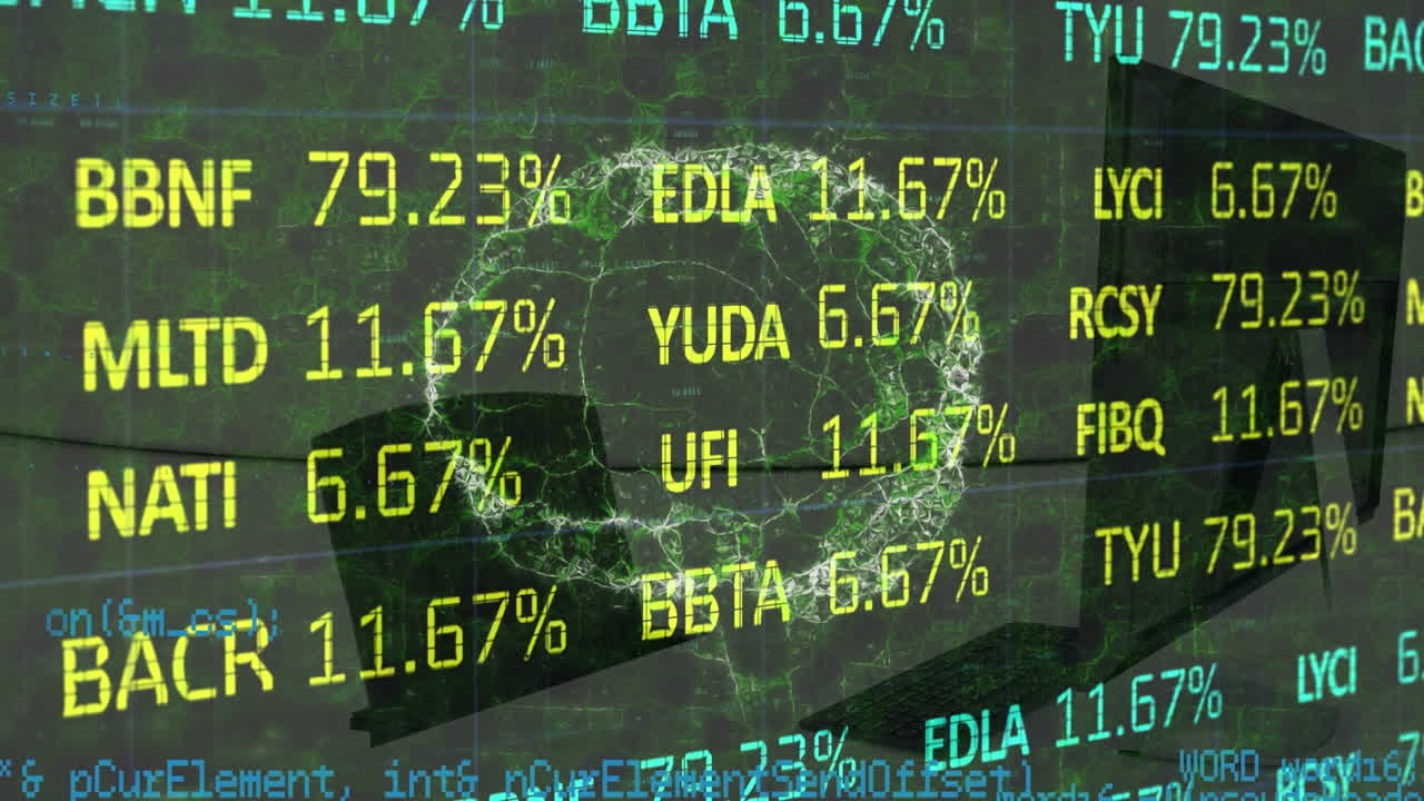 Animation of data processing and digital brain over office