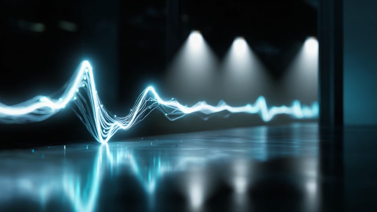 A mesmerizing visualization of sound waves, showcasing a stunning display of digital light pulsating in sync with rhythmic patterns against a dark backdrop