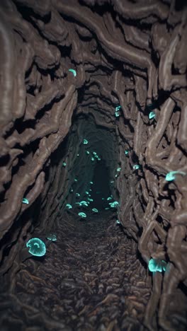 bioluminescent fungi in a root-filled underground tunnel