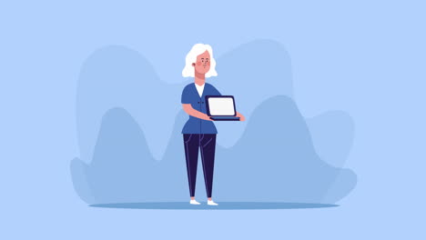 mujer de negocios levantando portátil personaje animado