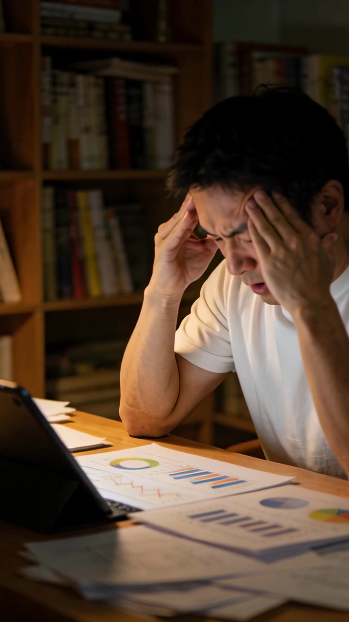 Vertical video: Seeing tablet figures Asian man in white tee rubbing head at home study with charts