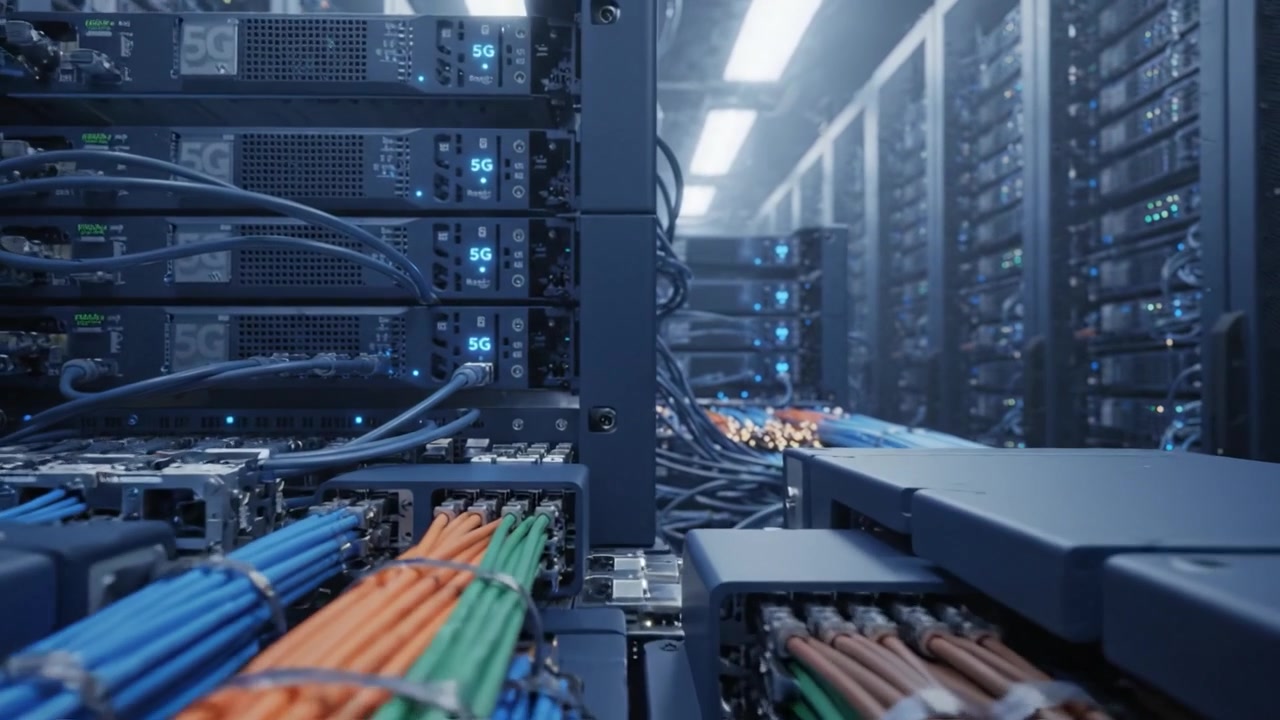 Advanced Data Center Infrastructure Showcasing High-Speed Connectivity and 5G Technology with Dense Server Racks and Complex Cable Management Systems