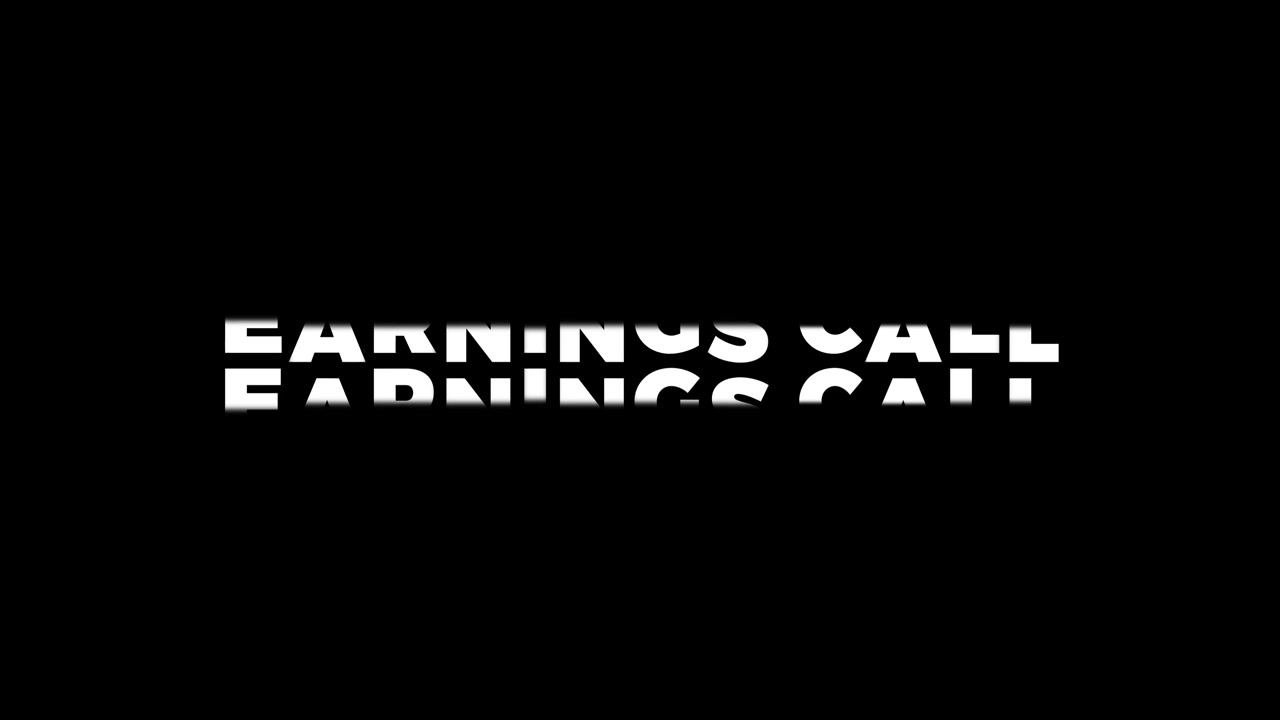 A bold white text animation for an earnings call session rolls in over a black background, creating a sharp, polished finance session opener for companies