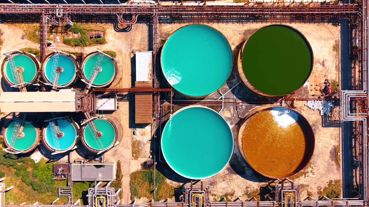 Top down view of colored industrial water tanks. Four large circular tanks containing distinct colored liquids sit within metal pipeline grid.