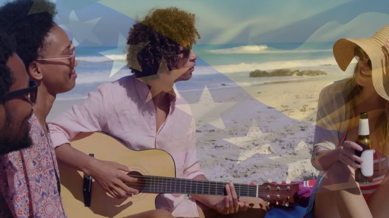 Playing guitar and having drinks, group of friends at beach with flag animation