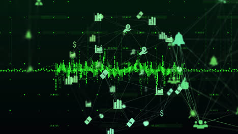 dos globos de iconos digitales girando y procesamiento de datos financieros contra un fondo verde