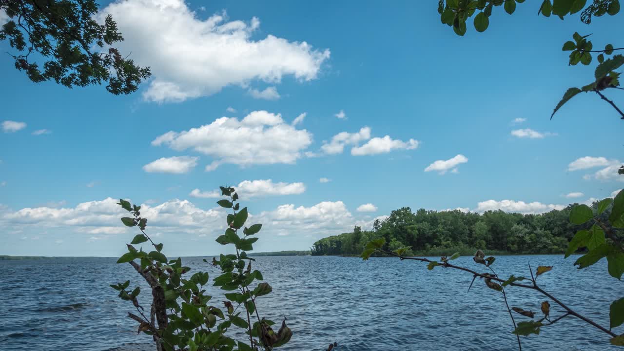 Beautiful rushing river view in 4K timelapse with clouds and a blue sky.