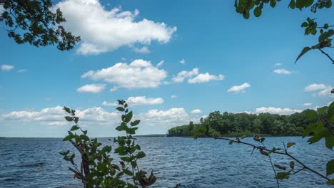 beautiful rushing river view in 4k timelapse with clouds and a blue sky.