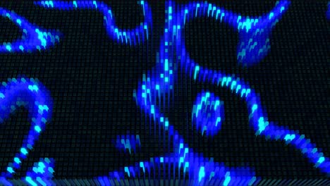 wellen laufen über pixel. 3d-abstrakte schleifen-hintergrund moderne leistung, viele graue blöcke bilden wand oder bildschirm und beleuchten muster. glühbirnen beginnen, blau zu leuchten und bilden ein muster wie eine abstrakte girlande