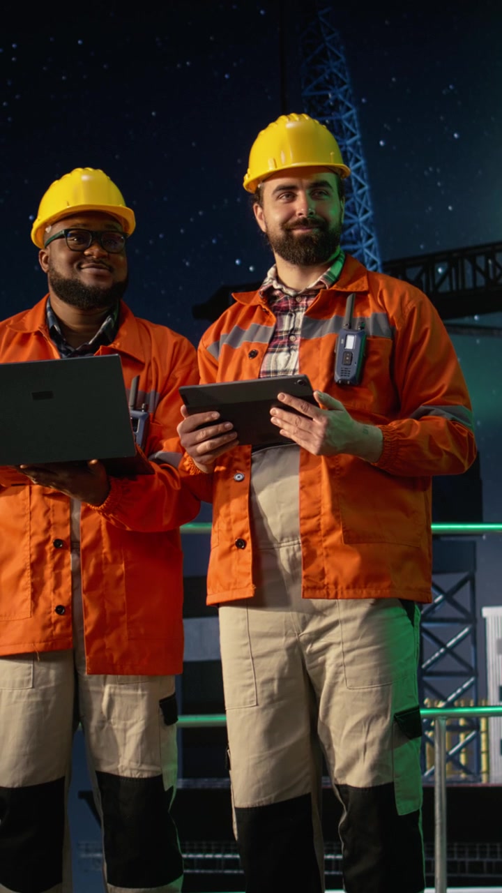 Vertical video Cheerful offshore rig crew members monitoring ship resources during oil crisis