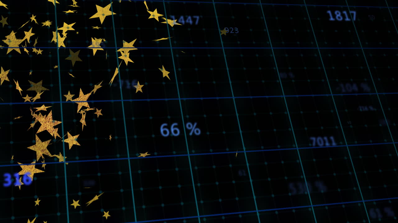 Gold star confetti floating over digital UI, showing teal grid, blue indicator lines, numeric data