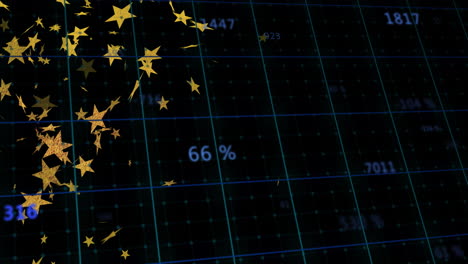 gold star confetti floating over digital ui, showing teal grid, blue indicator lines, numeric data