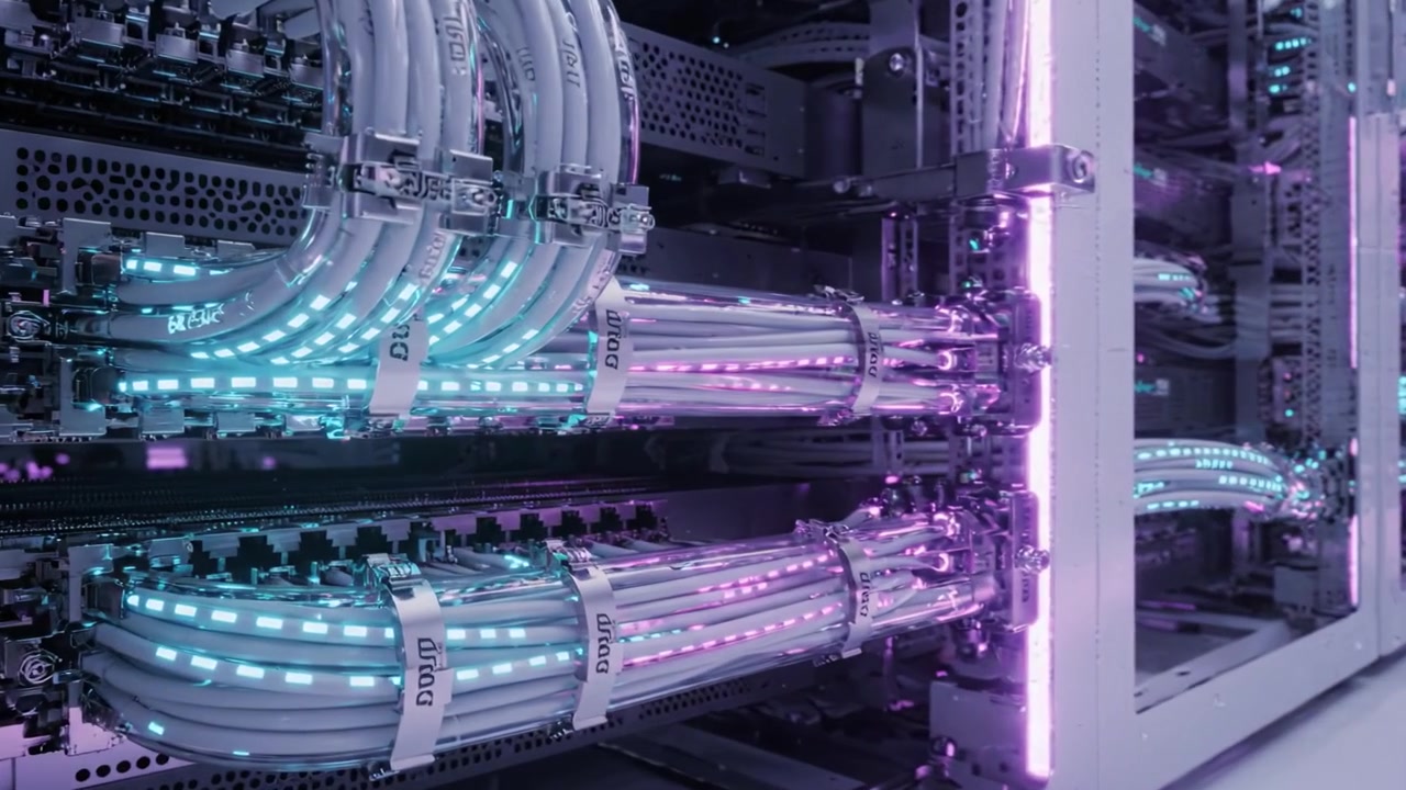 Futuristic Data Center with Advanced Server Racks Emitting Colorful Lights and Intricate Cabling in a Tech-Driven Environment Depicting Modern Computing Infrastructure