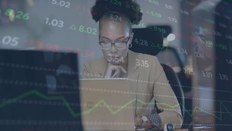 animação de dados financeiros sobre mulher de negócios afro-americana usando laptop na mesa do escritório