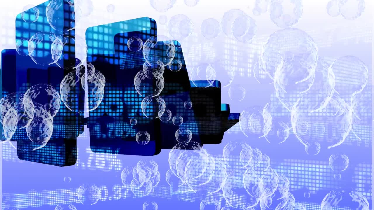animación de burbujas sobre el dominó y el mercado de valores sobre fondo azul