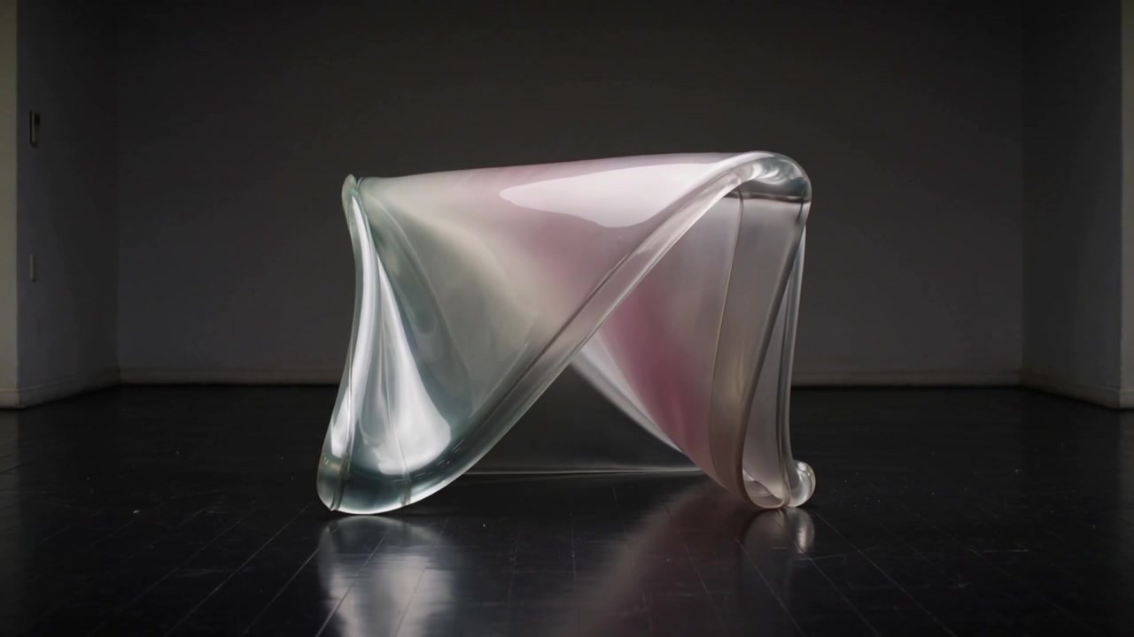 Shifting translucent sculpture changing shape on dark reflective floor, sequence driving morphing