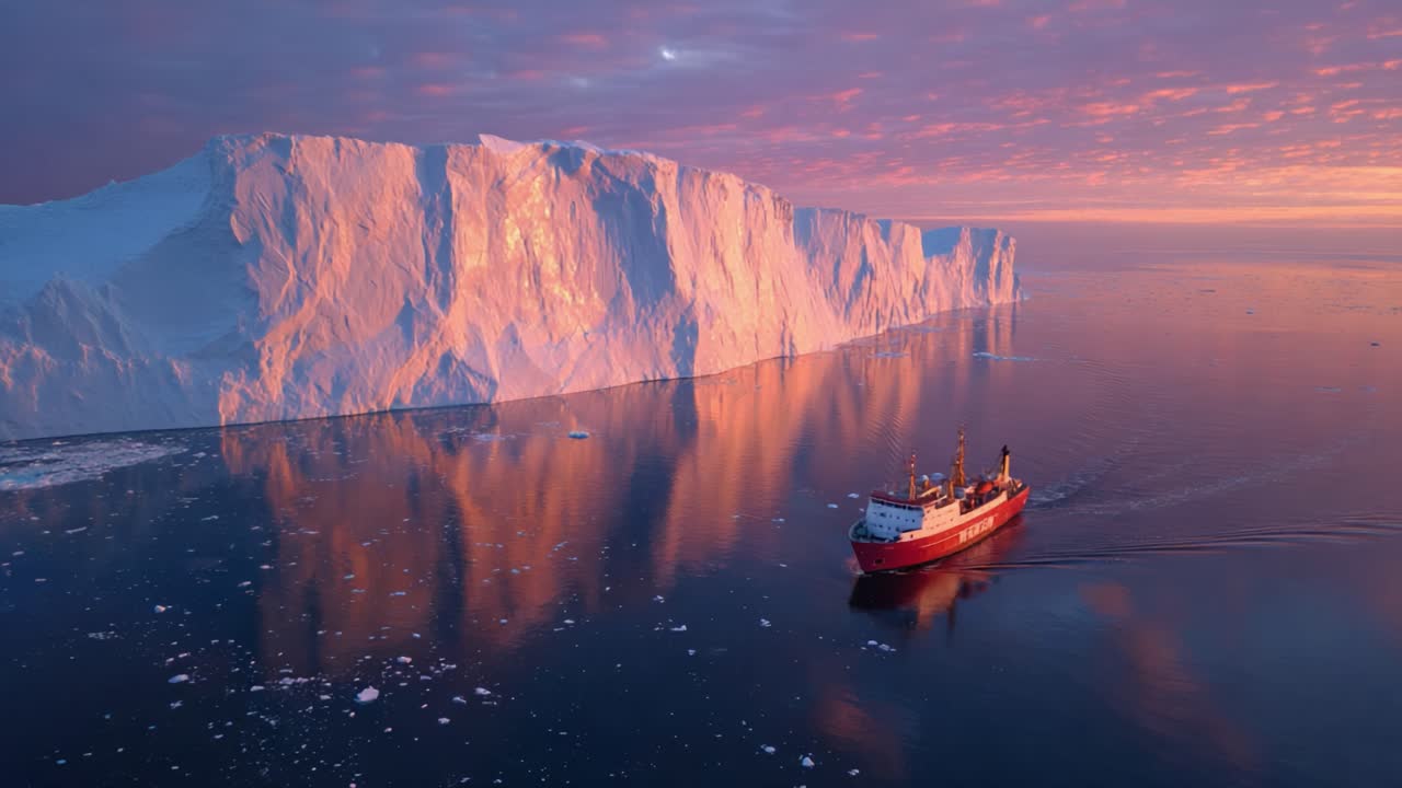 Majestic Iceberg and Exploration Vessel Illuminated by Sunset Over Serene Waters, Capturing the Beauty of Nature's Frozen Wonders in the Arctic Landscape