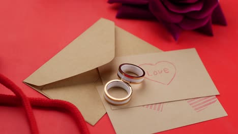 anillo de bodas y caja de regalos y flor de rosa en rojo