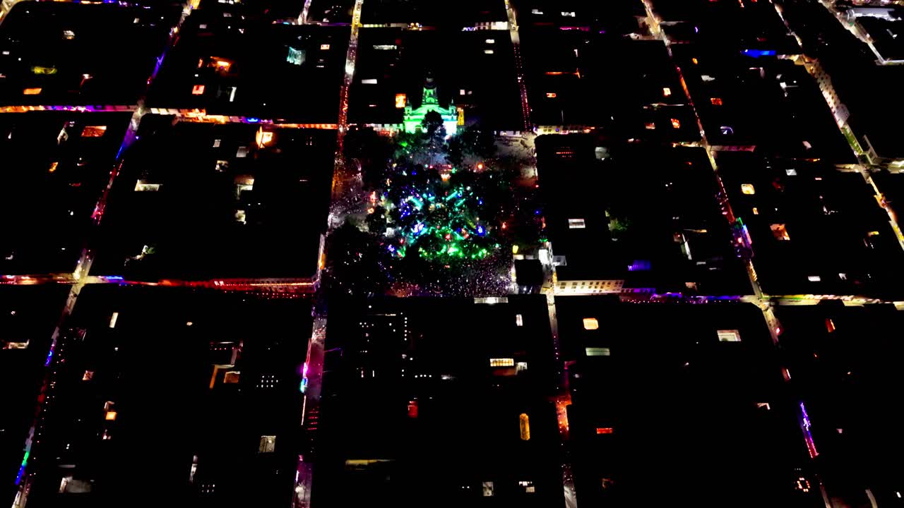 Aerial view of the main square of salamina, caldas in colombia during a christmas night event