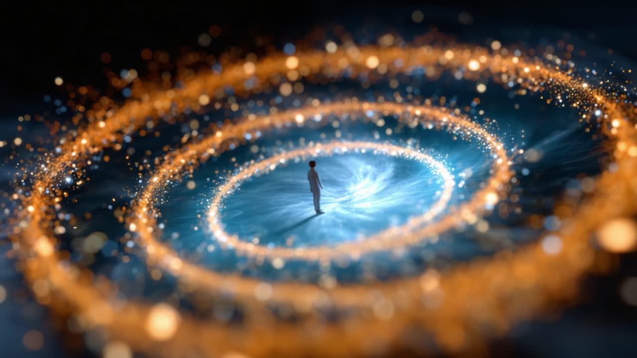 A lone figure stands amidst a mesmerizing spiral of stars and cosmic colors, exploring the depths of a beautiful galaxy, evoking wonder and curiosity