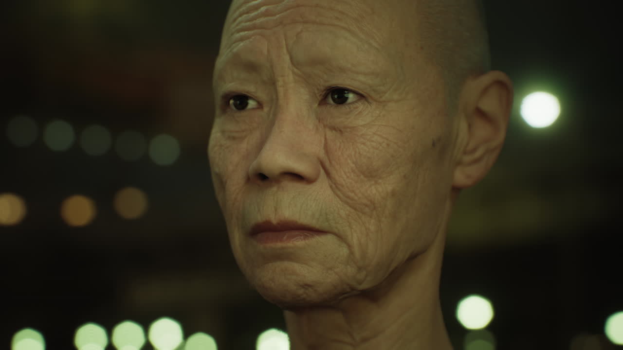 밤에 도시에 있는  ⁇ 은 아시아 여인